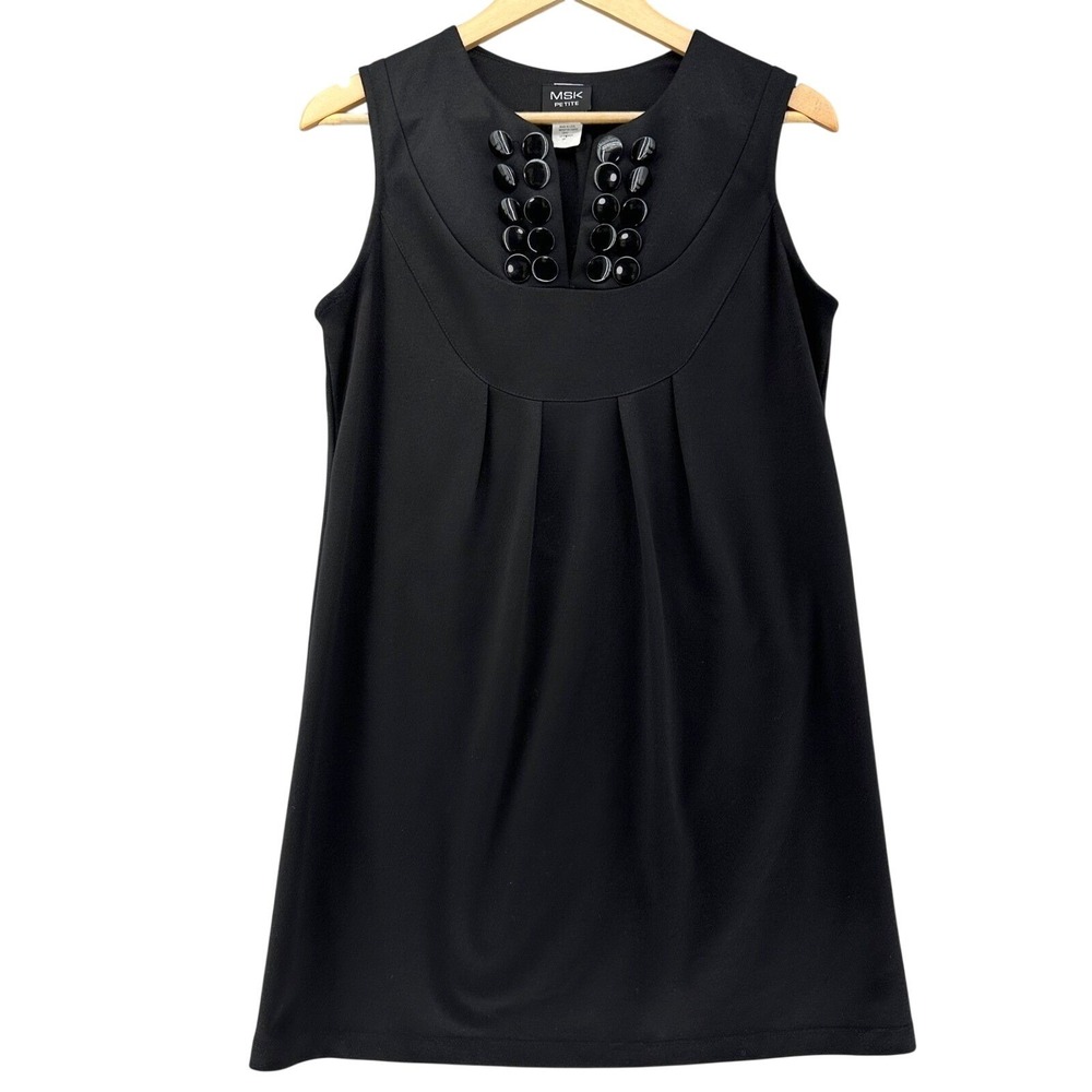 Vintage 90s MSK Petite Black Beaded Shift Dress‎ 10P Mod Babydoll Cocktail Party
